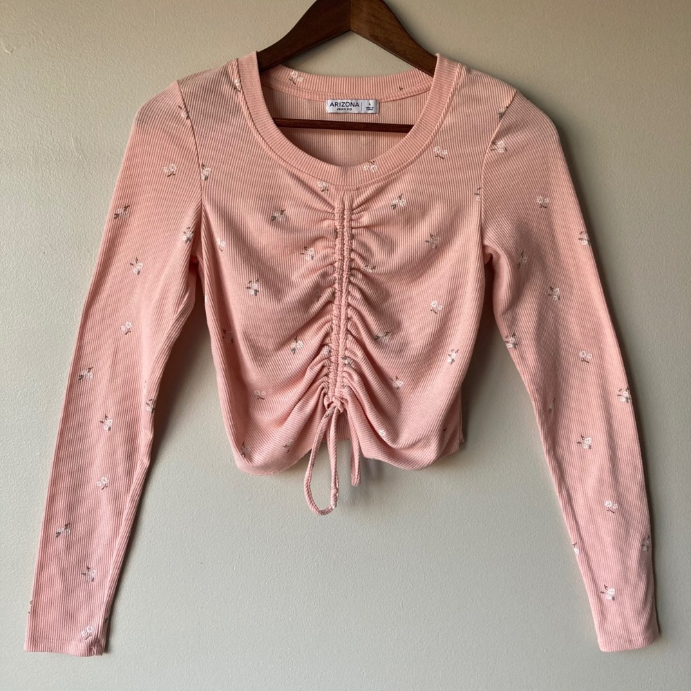 Arizona Jean Co Pink Floral Ribbed Ruched Front Crop Long Sleeve Top Large